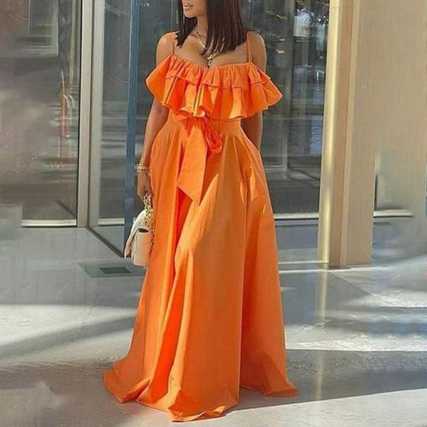 

ethnic clothing orange women long dress high waist african ruffle one shoulder female robe vestiods boho summer casual dresses, Red