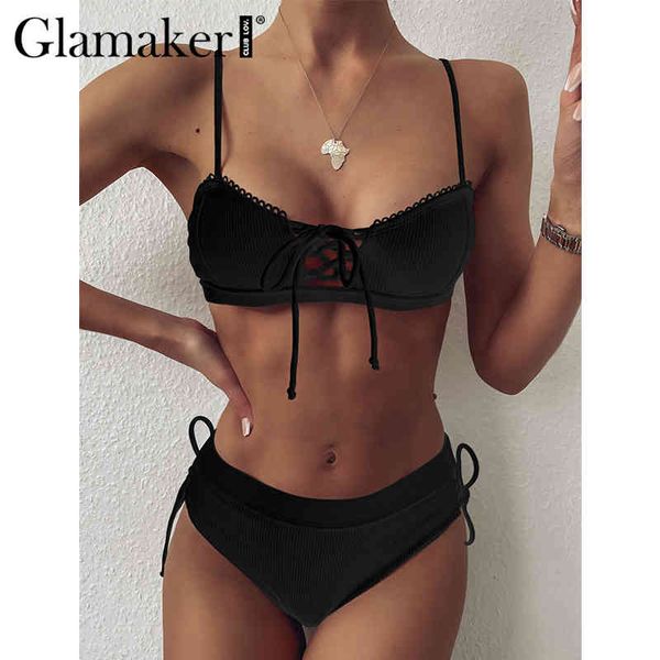 

glamaker lace up summer biquinis bandeau swimwear women bathers ribbed push up backless swimsuit separate black bikin set 210414, White;black