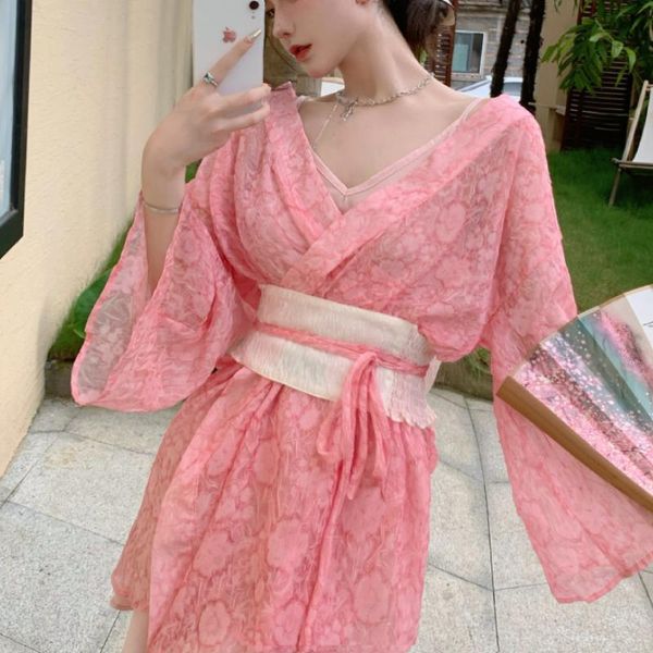 

casual dresses japanese elegant flower dress women summer 2021 pink beach party mini long sleeve sweet korean fashion kimono, Black;gray