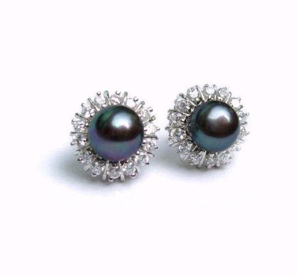 

stud 8-9mm akoya black natural pearl earring, Golden;silver