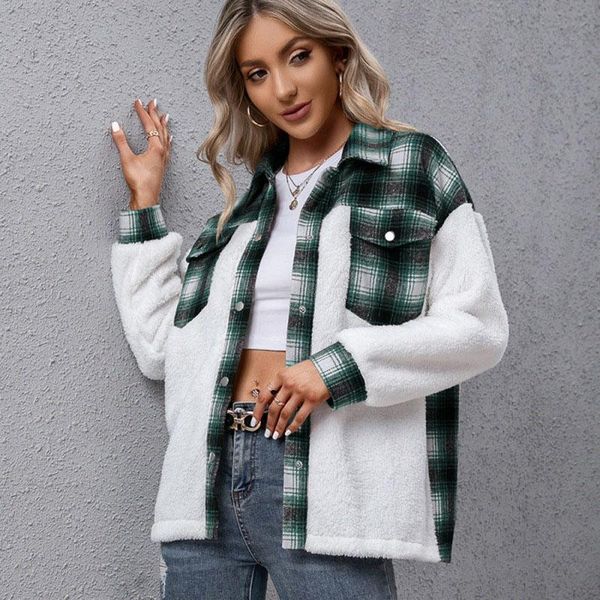 

women's jackets women fleece jacket 2021 autumn winter plaid plush coat ladies checked for warm overshirt green y, Black;brown