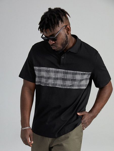 

extended sizes men houndstooth panel polo shirt 85fr#, White;black