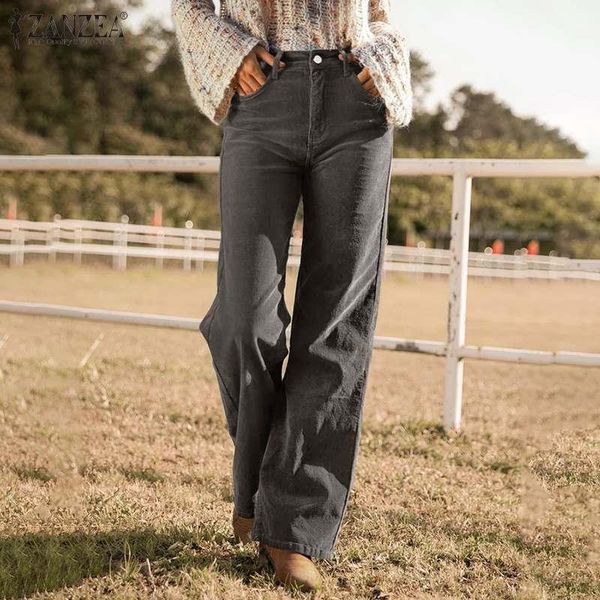 

women's pants & capris zanzea 2021 autumn corduroy pocket long palazzo femme zipper casual trousers women elegant button chic solid pan, Black;white