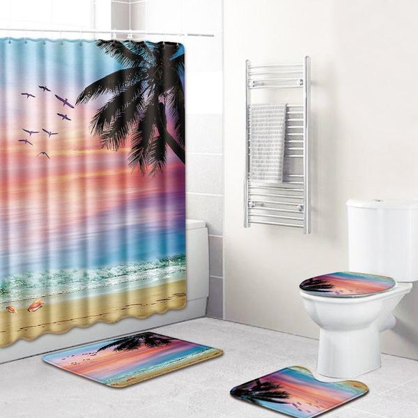 

shower curtains decoration curtain waterproof entrance doormat bathroom for bath anti-slip rug home 4pcs set toilet seat cover floor mat