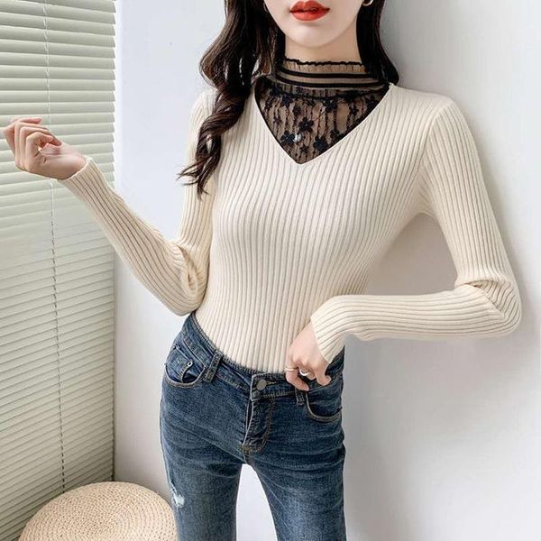 

women's sweaters 2021 half-high neck knitted sweater women autumn and winter lace stitching long-sleeved slim-fitting bottoming shirt, White;black