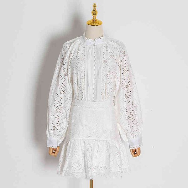 

two piece dress chicever hollow out shirt skirt sets female lantern sleeve blouse women high waist patchwork lace suit wdvn, White