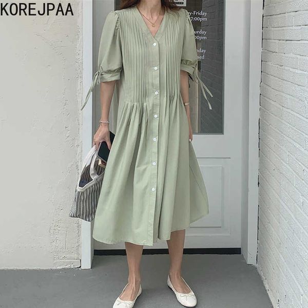 

korejpaa women dress summer korean chic fresh v-neck single-breasted pleated design cuffs lace casual loose vestidos 210526, Black;gray