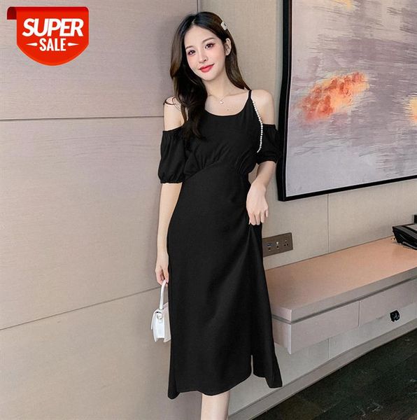 

net red temperament sweet off-the-shoulder pearl sling dress slim mid-length high-waist lady fan knee-length skirt #7r7o, Black;gray