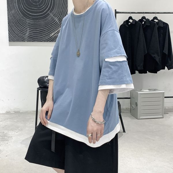 

men's t-shirts summer cotton short-sleeved t-shirt fashion casual hole t shirt men streetwear korean loose hip-hop fake two tshirt, White;black