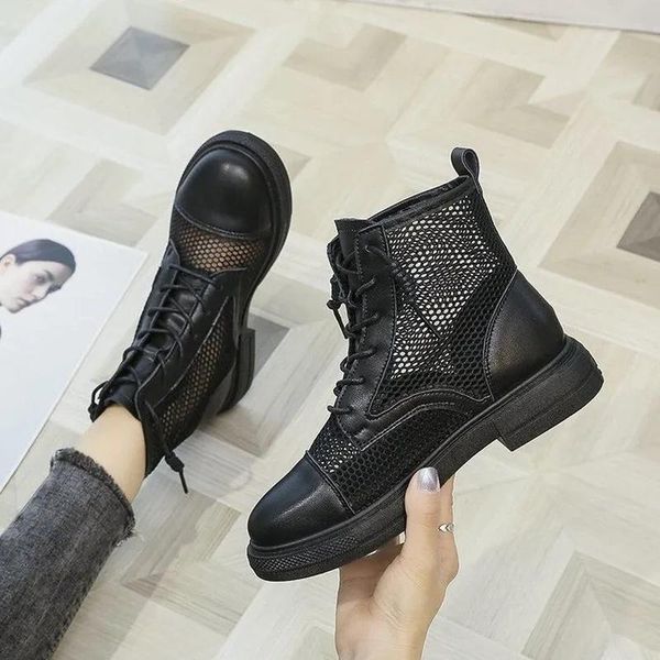 

boots 2021 summer mesh women platform ankle thick chunky shoes zipper fashion heels brand designers, Black
