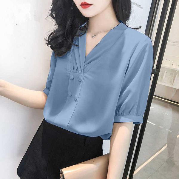 

fashion women spring summer style chiffon blouses shirt lady casual short sleeve v-neck solid women's loose df3543 210609, White
