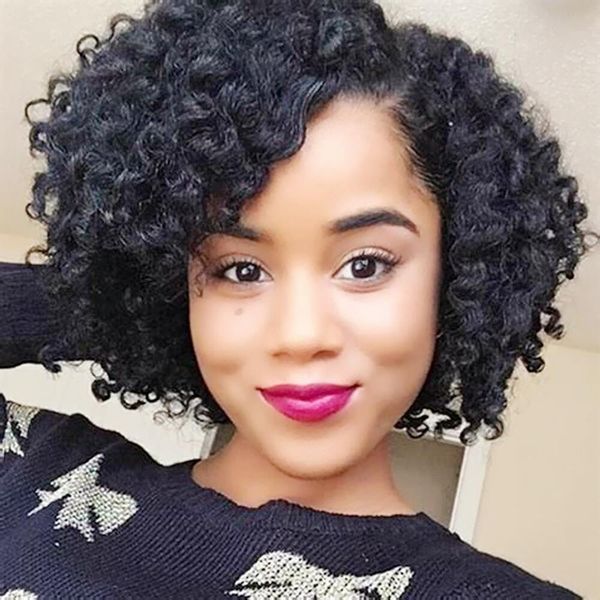 

kinky curly short none lace front wigs for black women human hair wig, Black;brown
