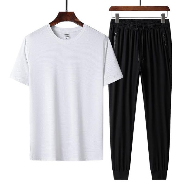 

men's casual shirts summer suit 2021 short sleeve t-shirt ice silk quick drying pants big loose two-piece set, White;black