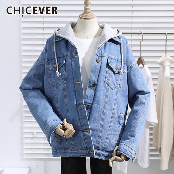 

women's jackets chicever chic style denim jacket for women lapel collar long sleeves detachable hat plus velvet coats female 2021 autum, Black;brown