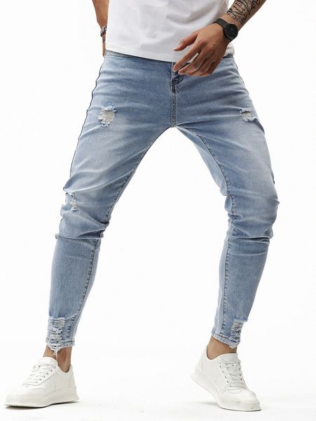 

men ripped bleach wash skinny jeans w1jh#, Blue