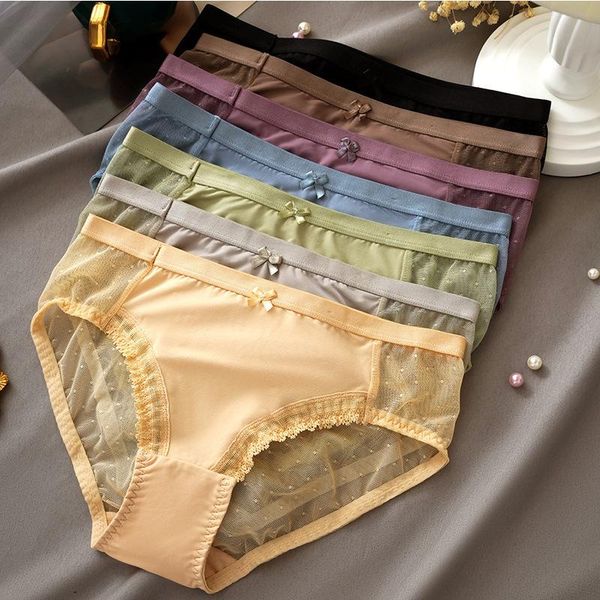

women's panties summer lace women panties bow mid-waist briefs hollow out breathble sensual lingerie female cotton crotch, Black;pink