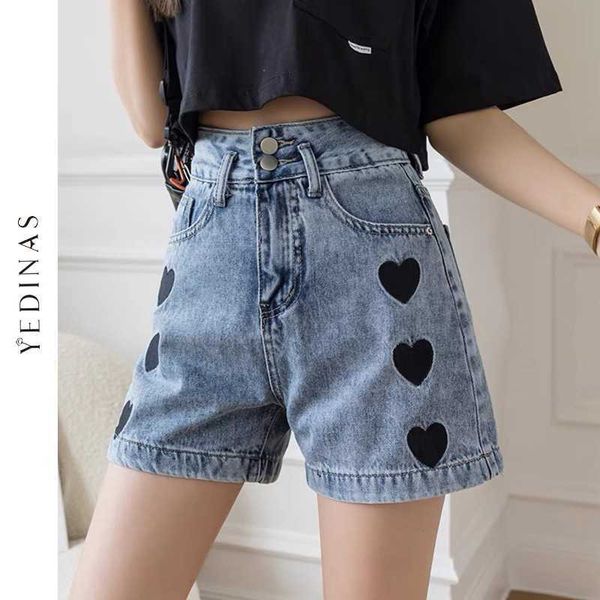 Yedinas Verão Moda Mulheres Alto cintura Botão Vintage Imprimir Perna Calças de Jeans Shorts Casual Feminino Solta Streetwear Denim 210527