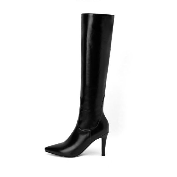 

boots elegant knee high women fashion pointed toe western long female heels slip-on black white beige party shoes