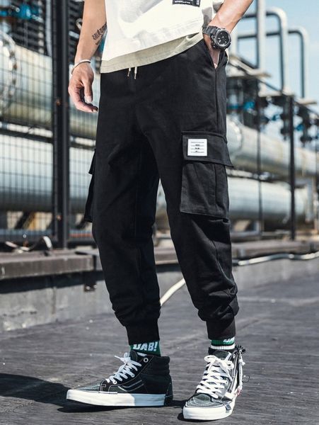 

men letter patch detail flap pocket side cargo pants y60m#, Black