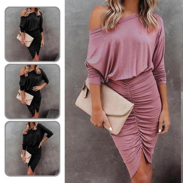 

casual dresses stylish irregular off shoulder mini dress women shirring hem for party, Black;gray