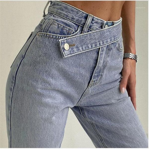 

women/girl cotton high waist oblique belt straight jeans streetwear harajuku vintage water washing light blue cowboy pants women's