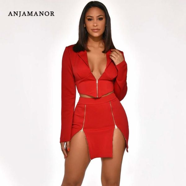 

two piece dress anjamanor club outfits zipper long sleeve crop blazer and skirt women clothing matching sets 2021 d42-ad84, White