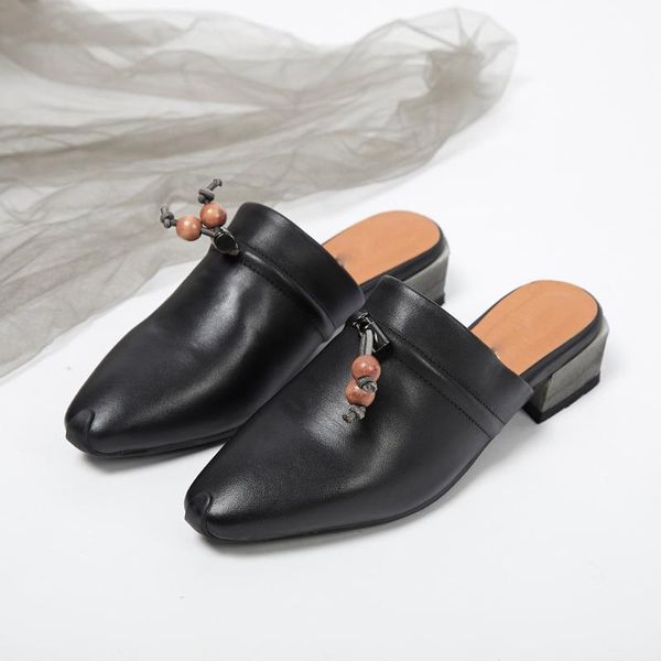 

slippers 2021 summer sandals and thick with outdoor female fashion retro first layer leather outer wear, Black