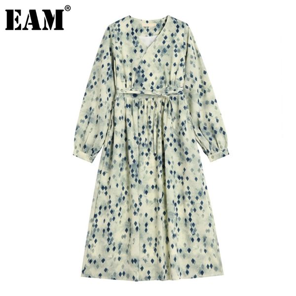 

[eam] women green printed rhombus pattern sashes dress v-neck lantern long sleeve loose fit fashion spring summer 1dd8379 21512, Black;gray