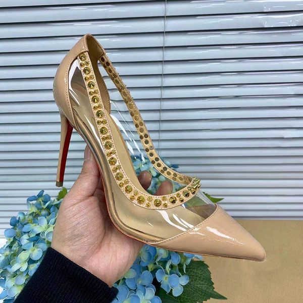 

leopard women dress shoes transparent pvc rrivets pointed toe 6.5cm 8.5cm 10cm stiletto heels party pumps with box, Black