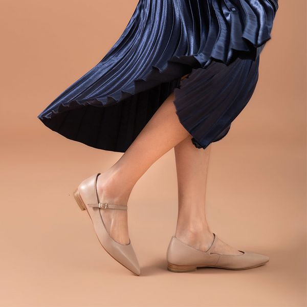 

dress shoes mary janes women genuine cow leather buckle strap pointed toe slip-on spring ladies casual flat shoes handmade 18215, Black