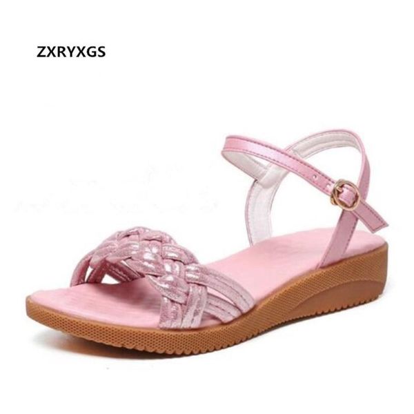 

brand sandals flat non-slip summer women 2021 open toe soft comfortable real leather shoes plus size, Black