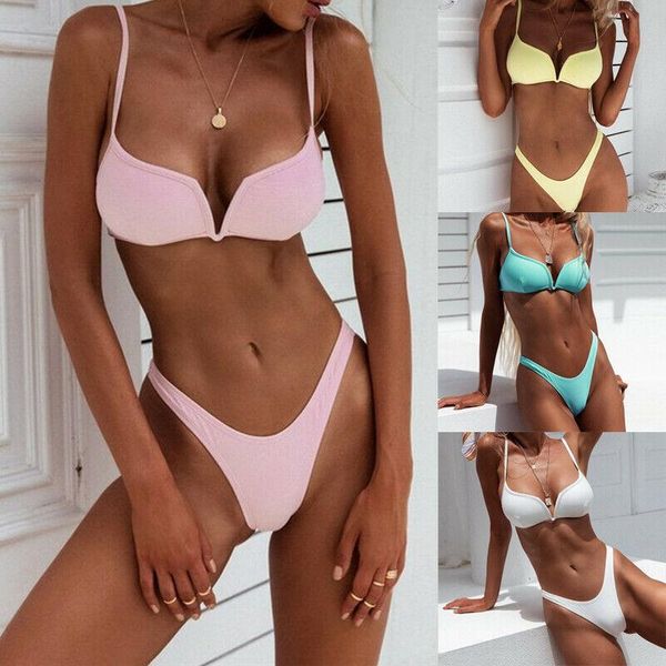 

one-piece suits 2021 women bikini set push-up padded bra swimsuit thong v-neck swimwear summer ladies bathing suit beachwear