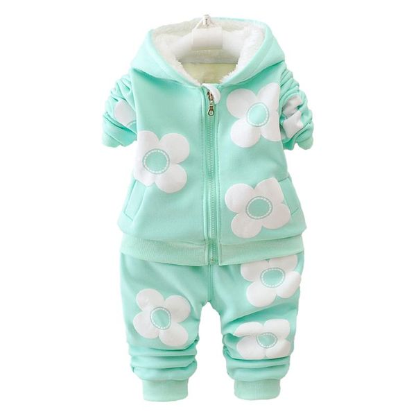 

clothing sets baby clothes children's autumn and winter thickened warm suit girls flowers print cute hooded jacket pants infant two-pie, White