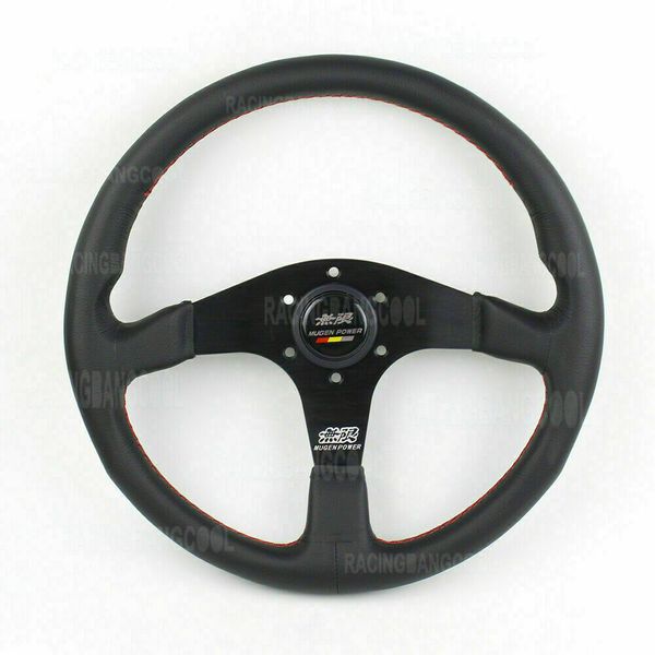 

350mm mugen leather steering wheel black spoke flat sport racing