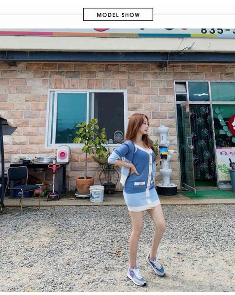 

2021 a line autumn korean knitted color-blocked two piece sets women long sleeve cardigan + shoulder strap mini suits outfit, White