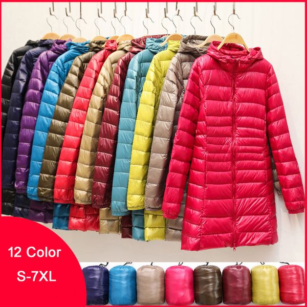 

women's duck down jacket, super light hoodie, portable long coat, quilted, large 6xl, 7xl, Black
