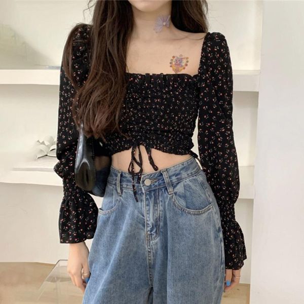 

floral pleated women blouse vintage boho lace-up square neck pullover long sleeve slim preppy french romantic casual lady women's blou, White