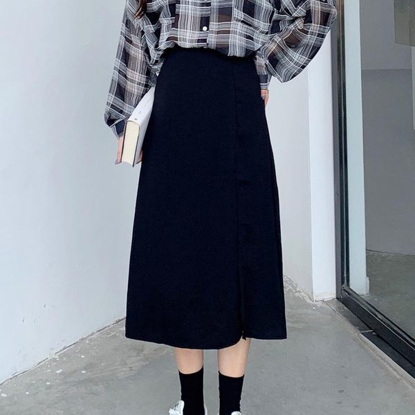 

spring summer women stitching slim thin side slit a-line skirts office lady high waist solid skirt casual streetwears, Black