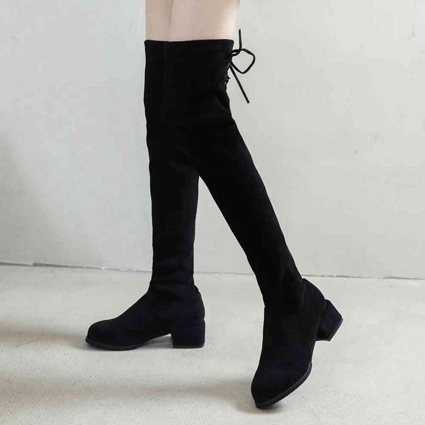 

boots big size female lace up flock low heel high shoes over the knee women winter casual boots, Black