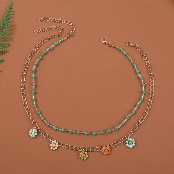 

chokers 2 pcs/set fashion gold color chain flower pendants necklaces for women handmade beaded glass tube green crystal beads necklace, Golden;silver