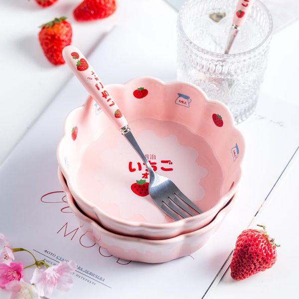 

ceramic salad bowl with spoon and fork pink color strawberry fruit snack storage plate for dessert tableware dishes & plates