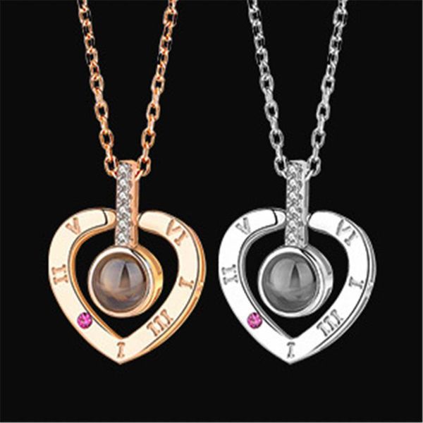

pendant necklaces romantic love memory projection 100 languages i you wedding necklace rose gold heart for women girl gift, Silver