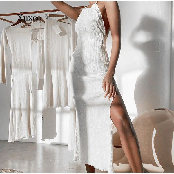 

women's swimwear 2021 summer white long dress for women solid halter sleeveless ruffle split female backless stylish party dresses vest, White;black