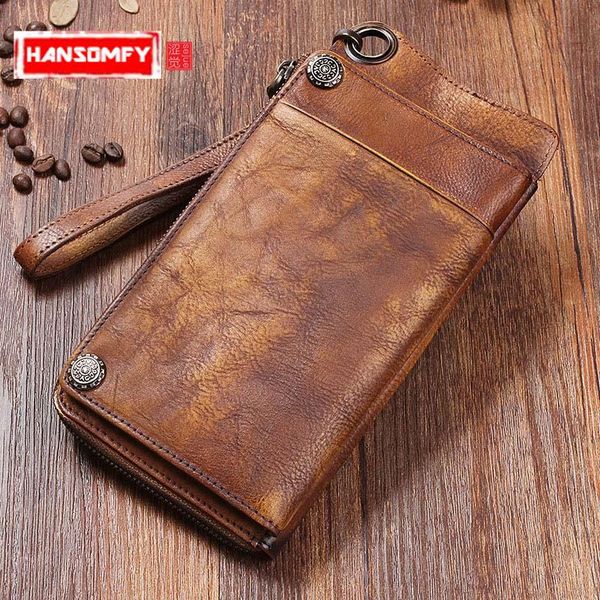 

wallets handmade men genuine leather wallet long retro hand bag large capacity zipper phone organizer vintage, Red;black