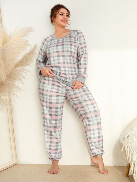 

plus plaid raglan sleeve pj set c8u3#, Black;white