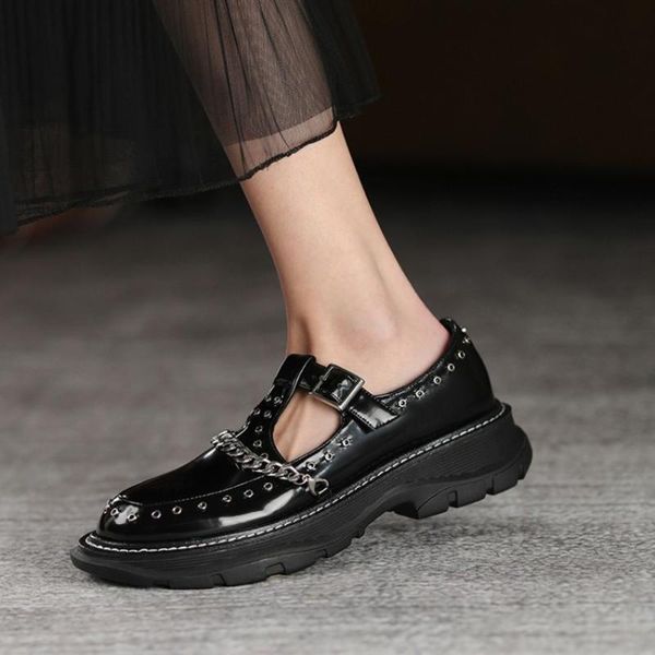 

dress shoes womens lolita t-strap round toe platform gothic rivet studs punk pumps creepers metal chain japanese harajuku 2021, Black