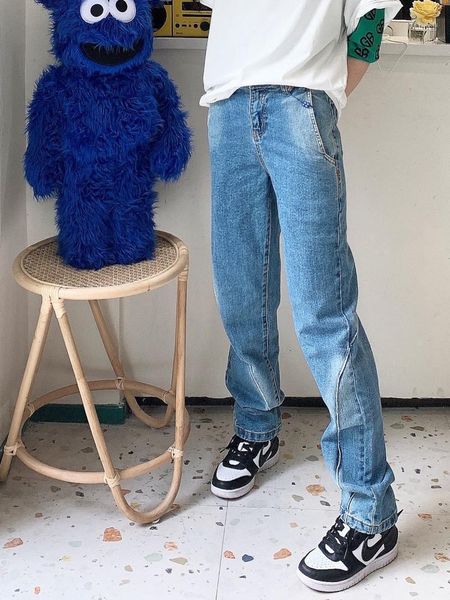 

men's jeans oversize adererror men women's irregular wrap-around cowboy pants broken tape fashion trousers, Blue