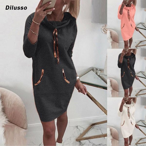 

womens sweater hoodies dresses ladies winter jumper hooded sweatshirt long sleeve solid pockets straight mini casual, Black;gray