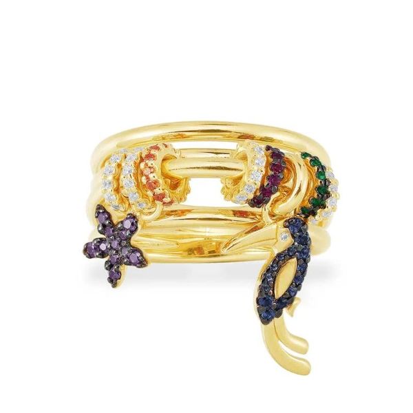 

cluster rings sljely real 925 sterling silver multicolor tropical jungle floral toucan triple ring with sliding hoops for women, Golden;silver