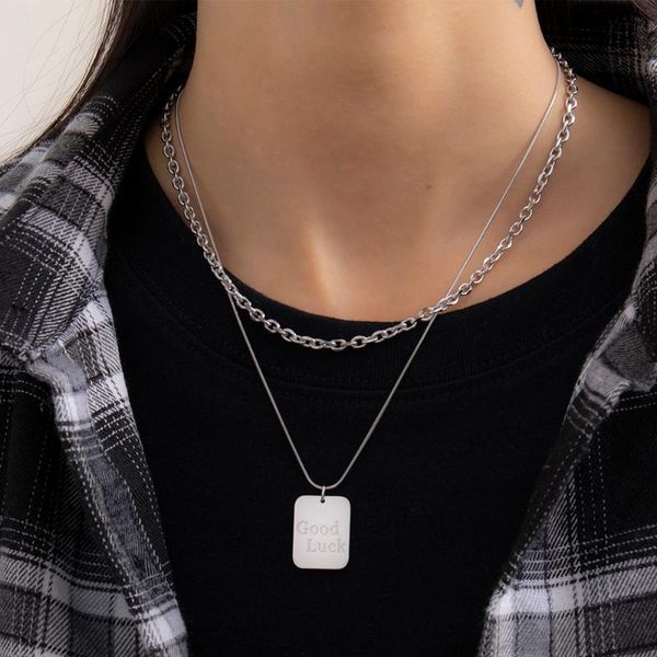 

lacteo dark gothic stainless steel square letters pendant necklace for women 2021 fashion multilayer clavicle chain necklaces, Silver